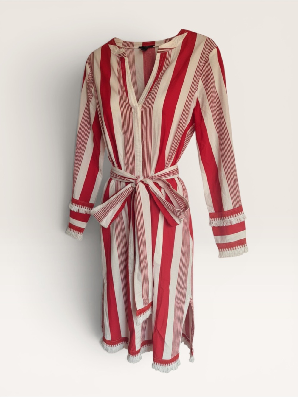 J. Crew Red and White Striped Midi Dress with Tie Waist